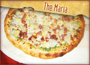 “THE MARIA” – Chicken, Artichoke Hearts, Bacon, Pine Nuts, Smoked Gouda and Pesto Sauce. Pizza creation submitted by Marie Taylor