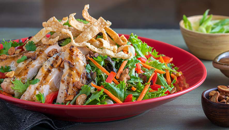 Grilled chicken salad with greens and crispy wontons, served fresh at Smoky Mountain Pizzeria Grill.