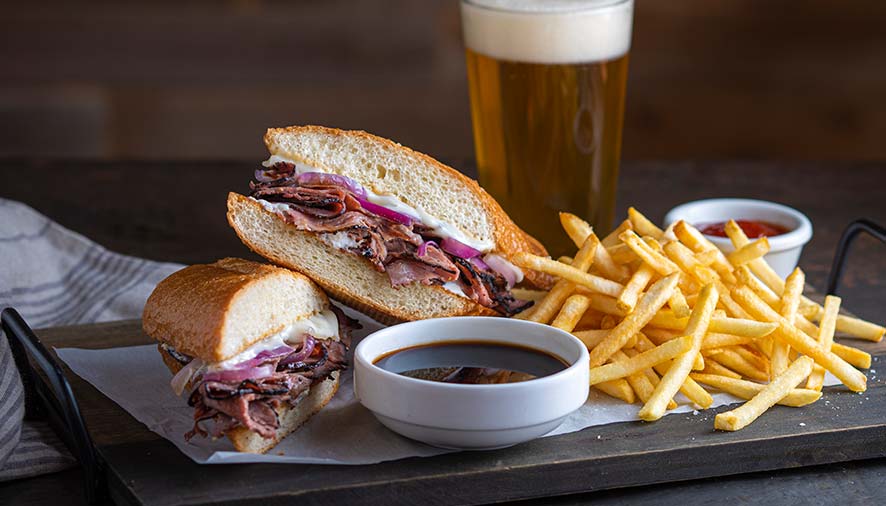 French dip sandwich, fries, and beer—Idaho comfort food served fresh in our Banquet Room.