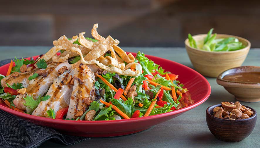 Grilled chicken salad with greens, crispy noodles, and dressing—perfect for Smoky Mountain Pizzeria Grill.