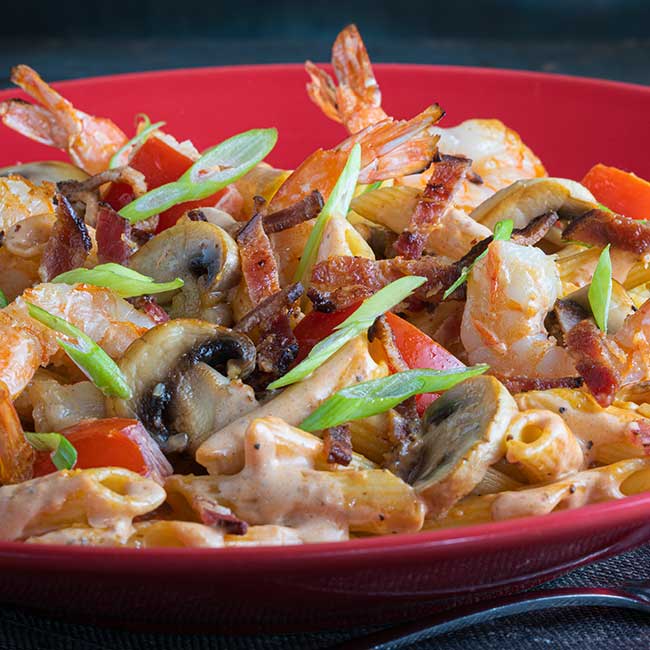 Pasta with shrimp, mushrooms, bacon, and green onions at Smoky Mountain Pizzeria Grill.
