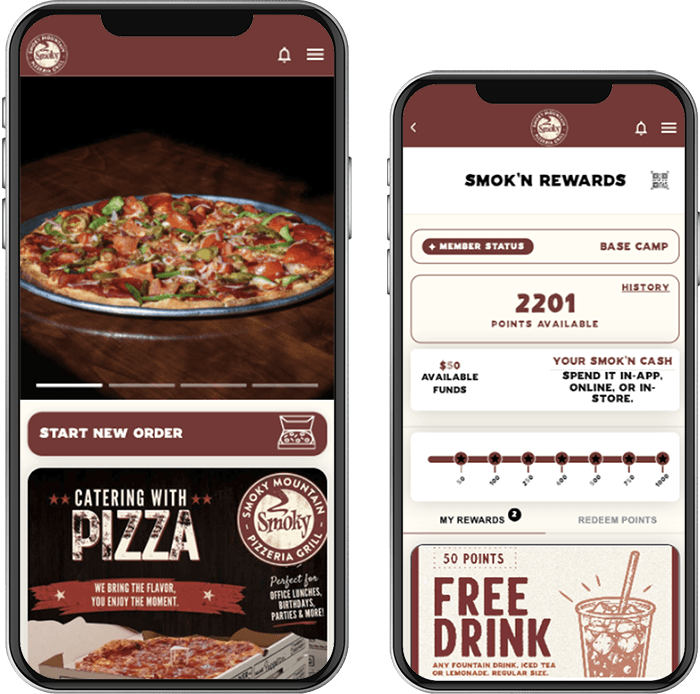 Two phone screens display Smoky Mountain Pizzeria Grill Rewards with 2201 points and a pizza image.